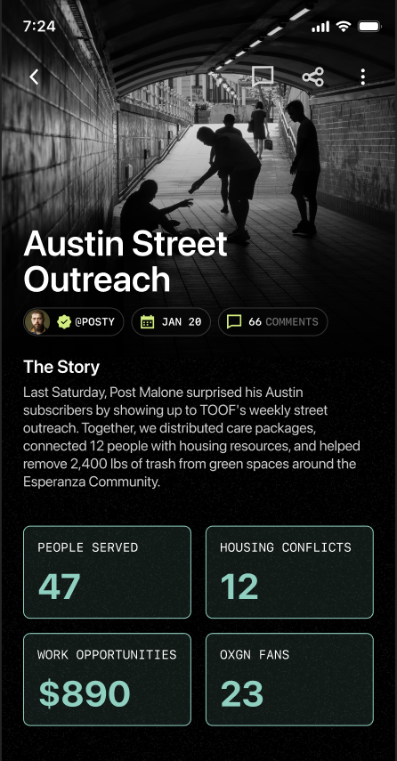 OXGN iOS app showing an impact feed with live outcomes and supporters.