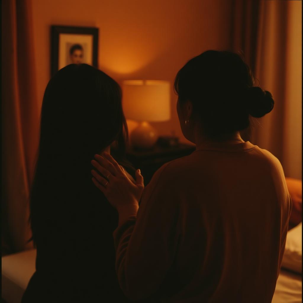 A person comforting another in a warm-lit room.