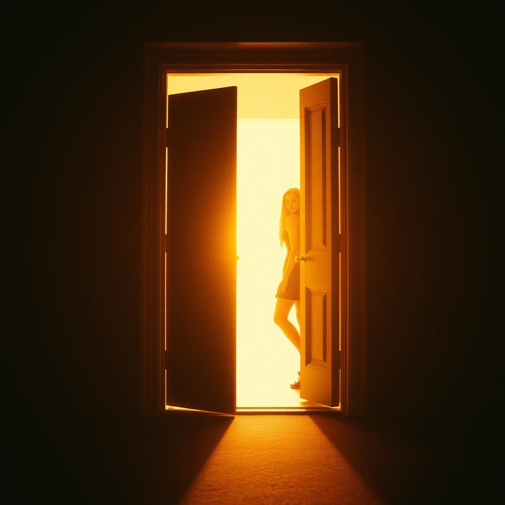 A young woman stepping through an open door into warm light.