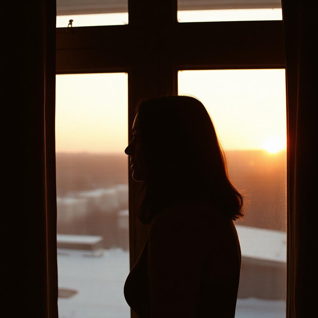 Silhouette of a person by a window at dawn.