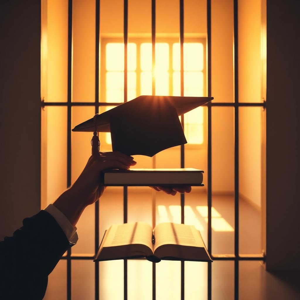 Hands holding a graduation cap and a book inside a cell.